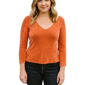 Vintage 90s Fiore Large Orange Vneck Elbow Length Slinky Shirt Office Casual